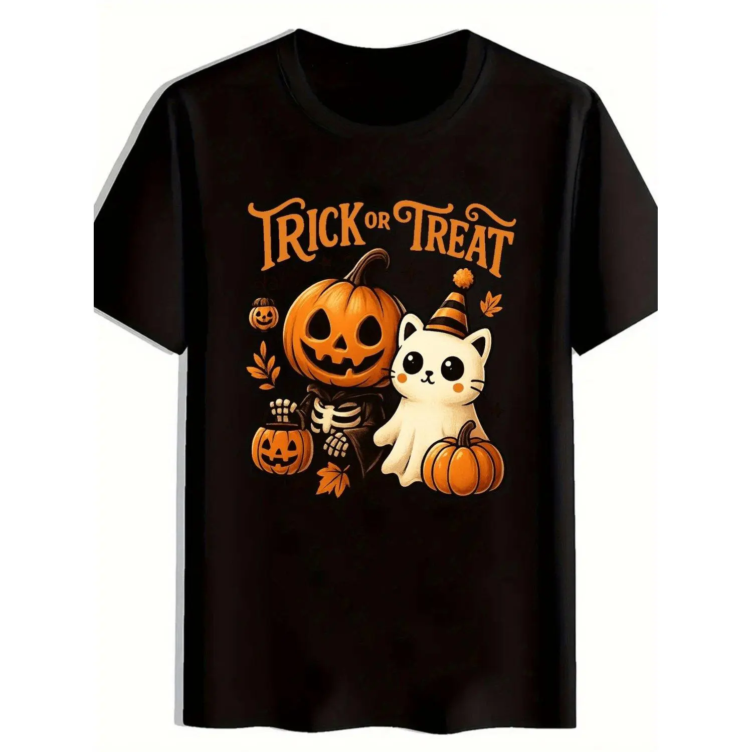 One Summer T Shirt with Pumpkin Skeleton Cat TRICK OR TREAT Print Cute Playful Halloween Daily Casual Top Fashion Apparel Tee