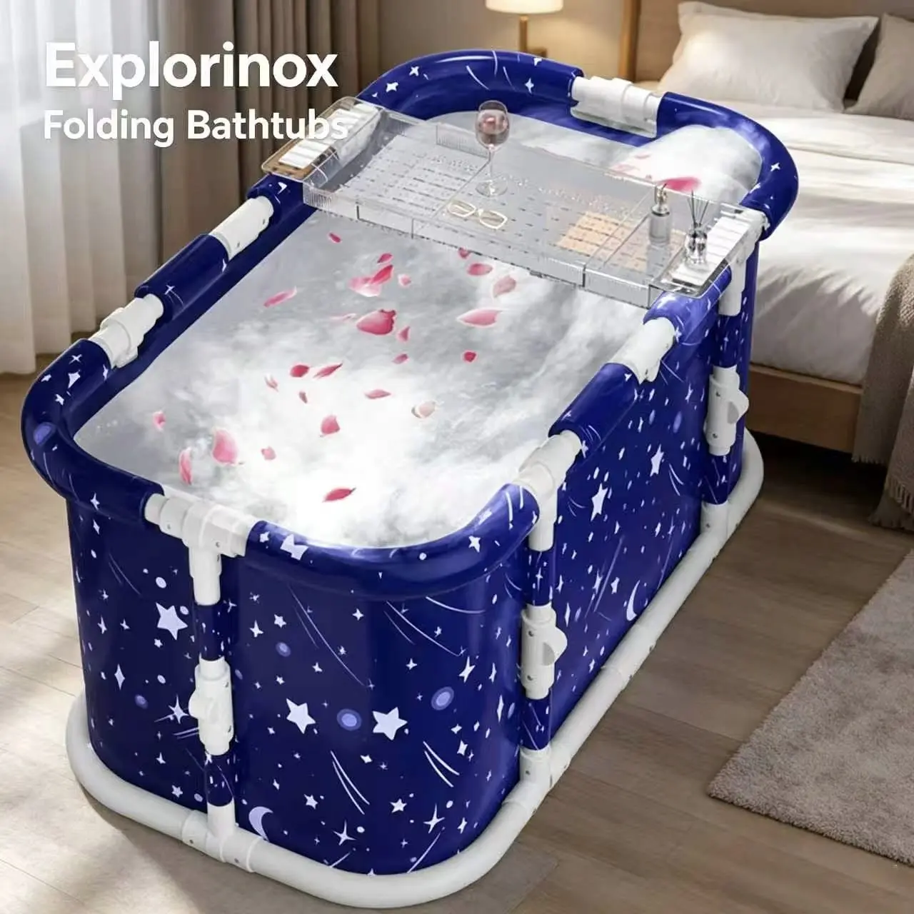 Explorinox Foldable Rectangle Collapsible Bathtub (45.28*23.6*19.68in) - Plastic Frame, Freestanding Bath, Indoor Use Soaking Tub, Home Bathroom Fixture for Athletes