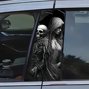 2 NNMM Reaper Skull Car Stickers - Gothic Skull King and Queen Design, Self-Adhesive Scratch Resistant Vinyl Sticker, Suitable for B-pillars and doors, Halloween car decoration, plastic/wood/glass/metal surface, horror theme, Skull Decal, Car Decals