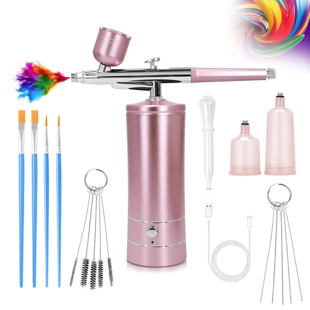 Pink Wireless Airbrush Gun Kit with 2-Speed Compressor (30/35 PSI), 0.25mm Nozzle, 3 Cups for Nail Care, Model Painting, Nail Supplies, Cleaning Brushes, Cosmetics, Spray Gun, Usb Charge, Handheld Airbrush Kit, Rechargeable Airbrush Kit
