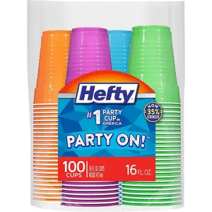 100 Count Party On Disposable Plastic Cups, Assorted, 16 Ounce