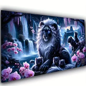 1 PC Vibrant Black Lion Waterfall landscape flowers Animal Art Fantasy Wall Art 5D Diamond Painting Kit  DIY Full Round Acrylic Diamond Art Mosaic Craft for Home Decor 70x40cm(28X16 inch) Frameless