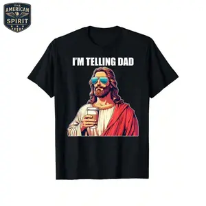 The American Spirit Funny Jesus Lovers “I'm Telling Dad” Graphic T-Shirt – American Spirit Humor Tee for Boys Kids Easter Football Shirt