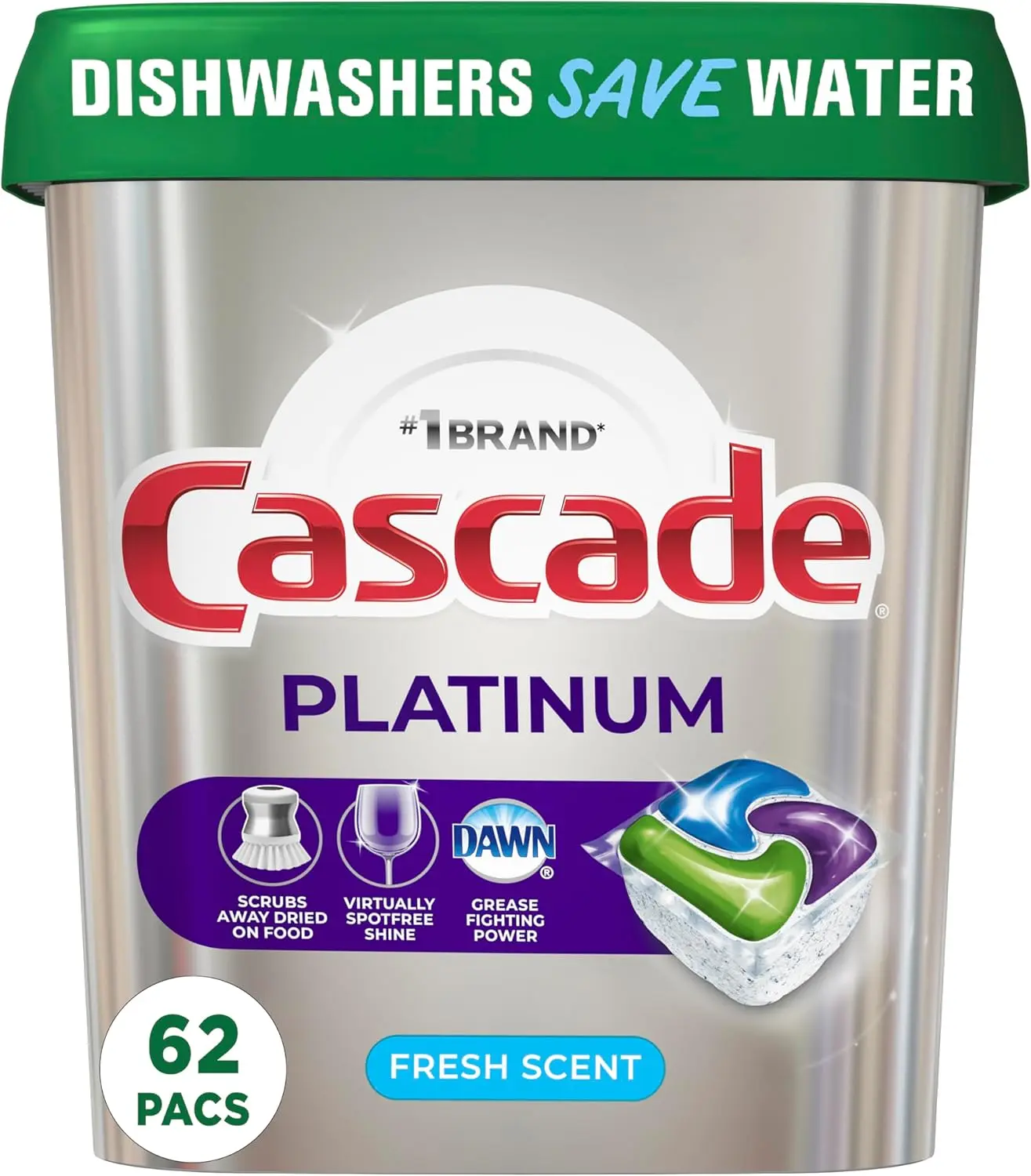 Cascade Platinum Dishwasher Pods Actionpacs - Fresh Scent Dishwasher Detergent for Spotless Clean, 62-Count Household Cleaner