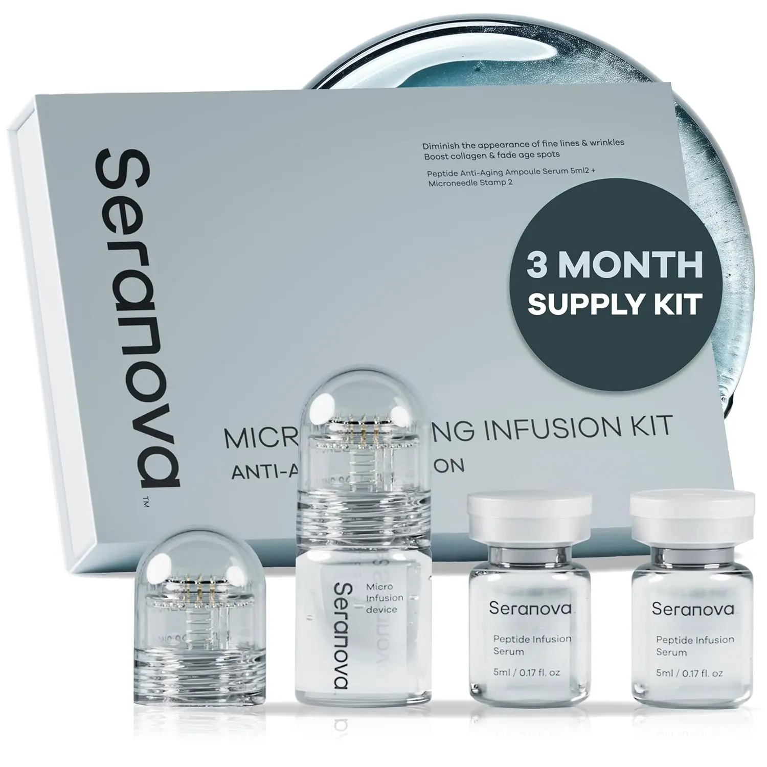 3 Month Supply Seranova Micro Infusion System for Face & Neck 0.05mm Stamp with Hyaluronic Acid & Collagen Peptide Serum for Firmer Smoother-Looking Skin, Easy 5-Minute At-Home Skin Care Application