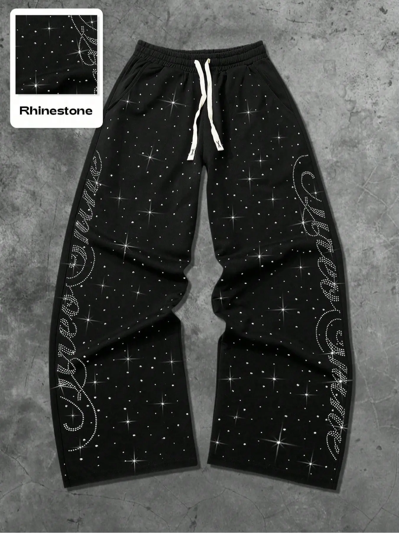 Men's Summer Drawstring Waist Sport Pants, Unique Rhinestone Letter Design, Trendy Straight Leg Joggers, Casual Outdoor Wear, Drawstring Sports Pants