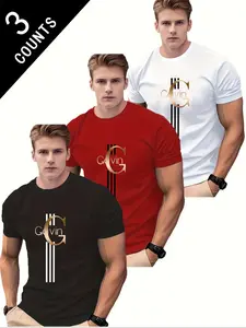 Men's Short Sleeve T-Shirt Set, Menswear Gavin Logo Print Striped Design, Casual Fitted Basic Tee for Daily Wear, All Seasons