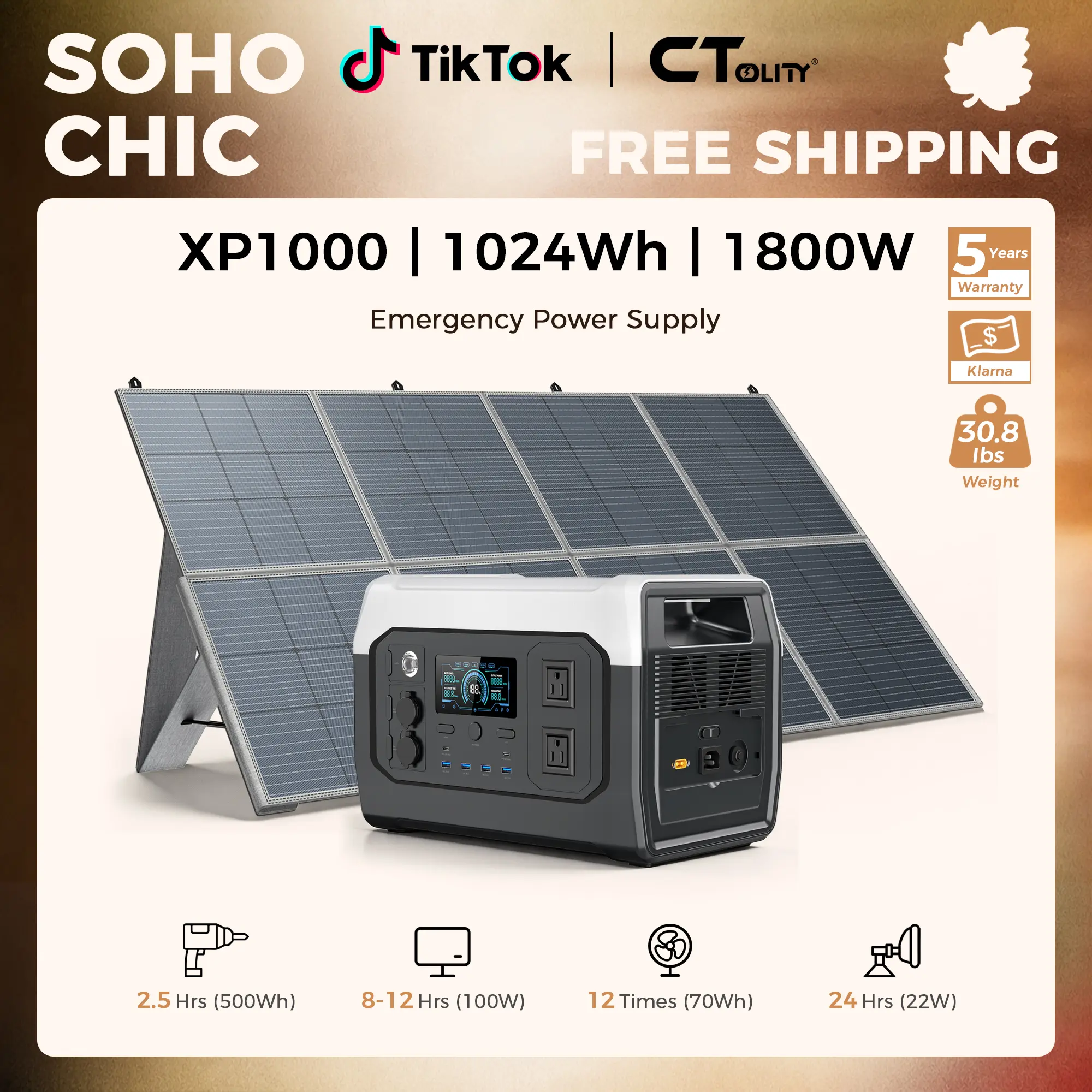 [SohoChic] CTOLITY Solar Generator Kit, XP1000 1800W Portable Power Station + SP400 400W Foldable Solar Panel, 1024Wh LiFePO4 Battery, Off-Grid Solar Power System for RV Camping, Road Trips Home Backup, [Power Outage Survival], TiktokShopStockup