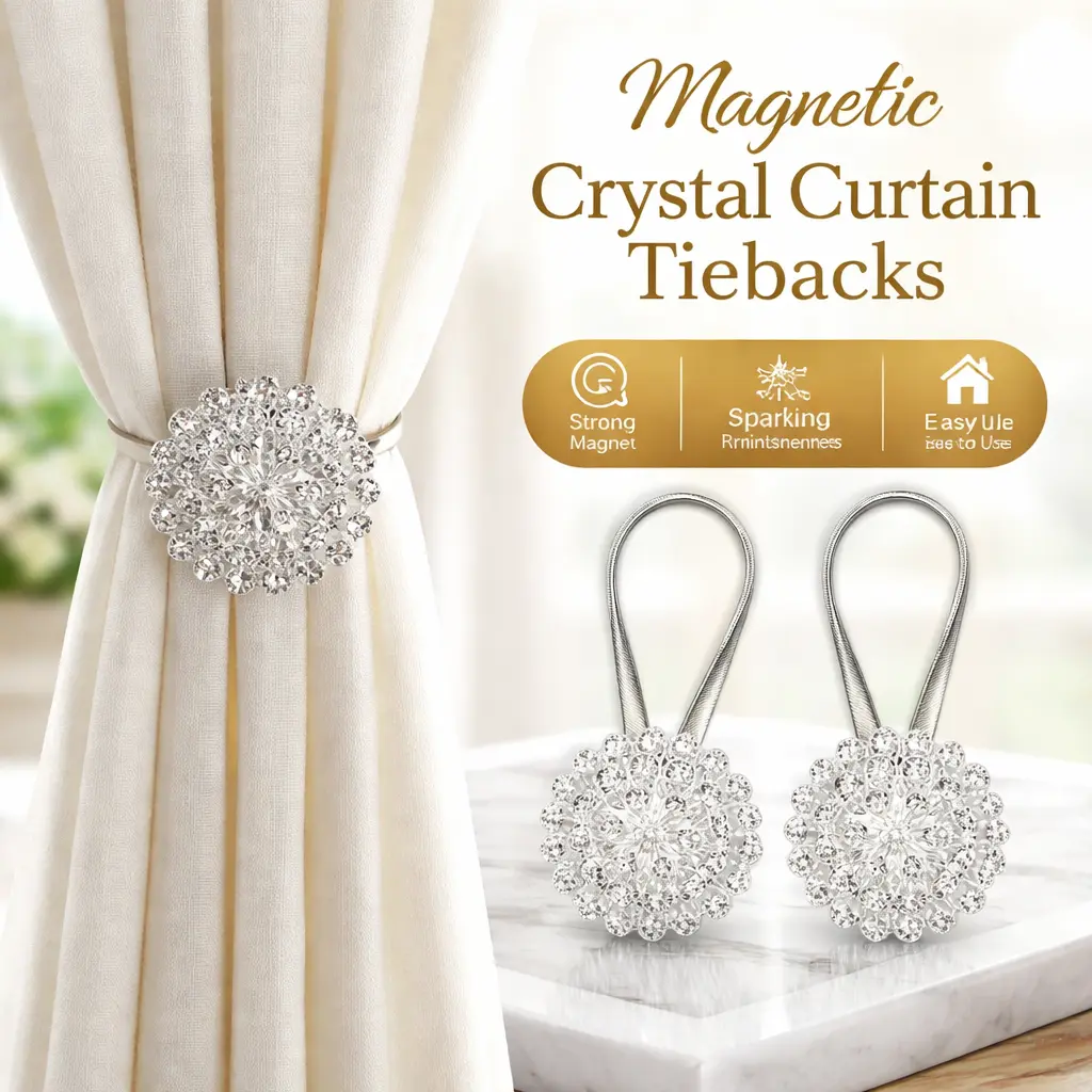 2 Pack Flower Shape Crystal Magnetic Curtain Tiebacks - Rhinestones, High Elastic Wire Curtain Clips for Home Room Decor, House Decor Drapes, Sheers, Valances