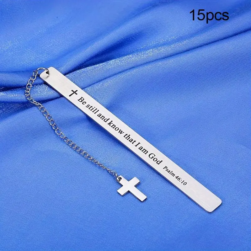 Stainless Steel Bookmark with Cross & Chain, 15pcs/set Engraved Bookmark, Inspirational Religious Gift for Book Lovers, Kids,  Adults