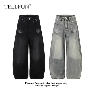 Unisex Y2K Streetwear Washed Denim Pants with Studded Waistband and Embroidered Pockets Baggy Barrel Leg Casual Trousers for Spring Summer Everyday Wear