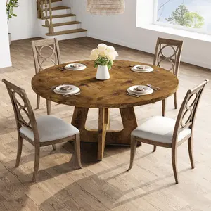 Garvee 47"  Round Dining Table for 4 to 6, Farmhouse Kitchen Table with Cross Pedestal Base, 63 Lbs Circle Dinner Table, Not Easy to Slide - (No Chairs) (Brown, 47.2" x 47.2")