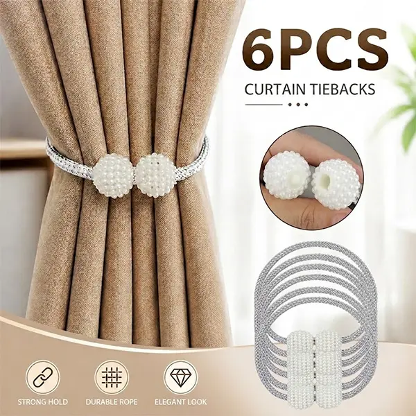 6 Pack Curtain Holdbacks, Decorative Curtain Tiebacks with Firm Snap Design, Curtain Ties for Windows, No Tools Required, Elegant Pearl Accents for Living Room, Bedroom & Home Decor