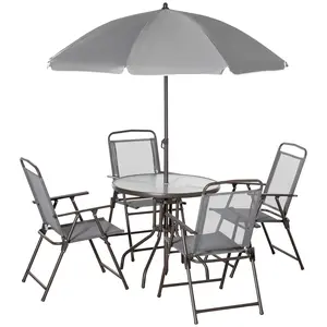 Outsunny 6 Piece Patio Dining Set for 4 with Umbrella, Outdoor Table and Chairs with 4 Folding Dining Chairs & Round Glass Table for Garden, Backyard and Poolside
