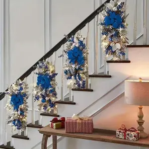 4-Piece Warm White LED Christmas Stair Decor Garland - Lush Greenery with Gold Ornaments & Bows, Easy-Install Holiday Decor for Staircase/Party