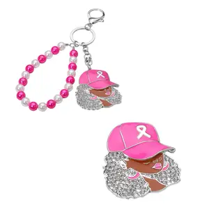 Pink Ribbon Keychain & Brooch Set with Beaded Bracelets and Charms Featuring a Pink Ribbon Design