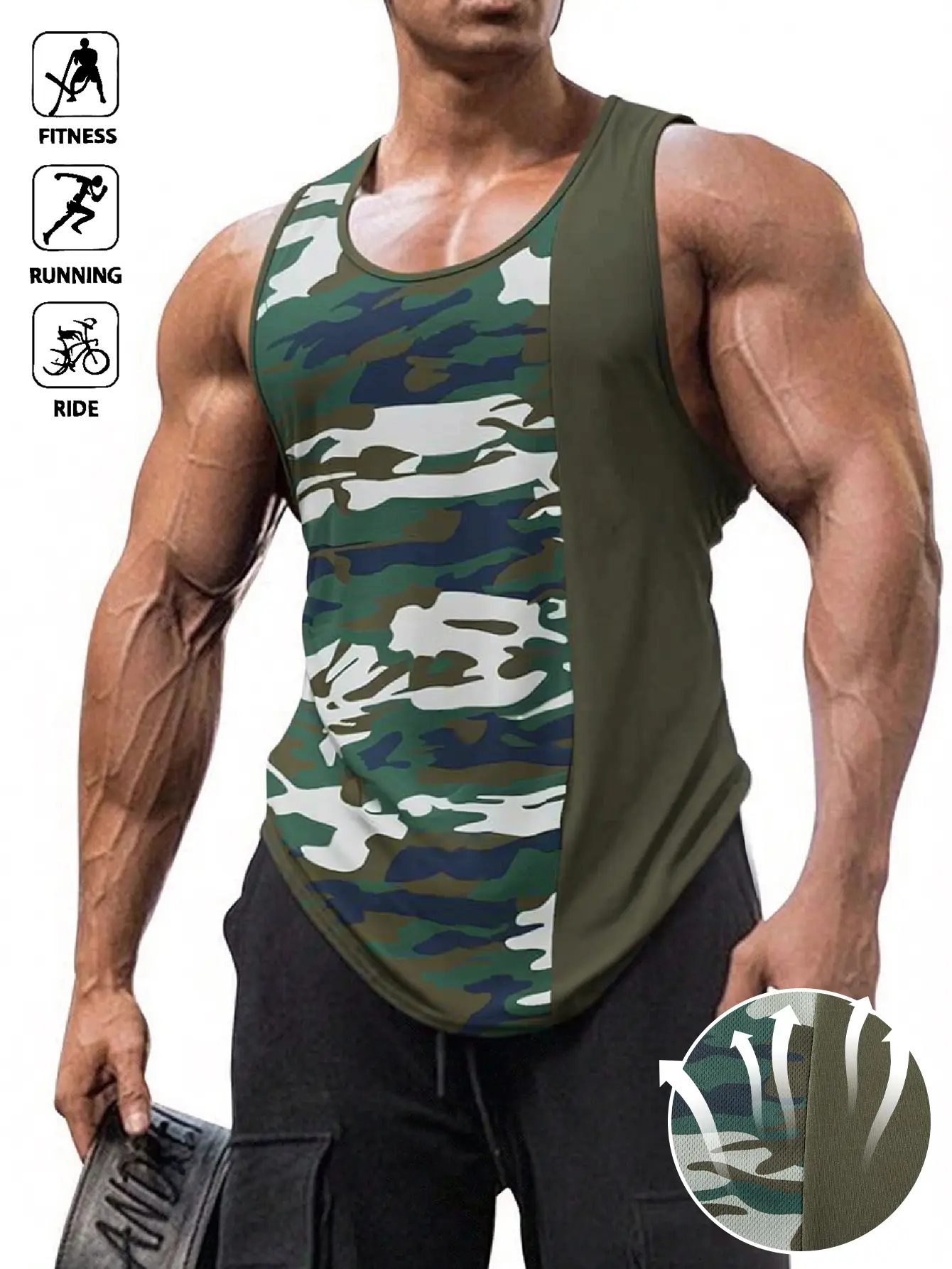 Men’s boyfriend-style camouflage cargo print sports tank top; fitness tank/tank top; gym wear; printed tank top; men’s fitness set; men’s workout clothing; men’s fitness apparel