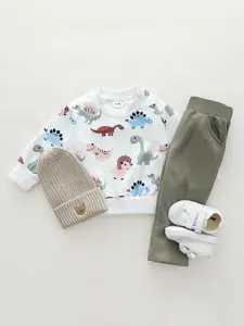 Cartoon Dinosaur Print Long Sleeve Pants Set, Spring & Fall Casual Fitted, No Hat Included, 2 Piece Clothes Kids