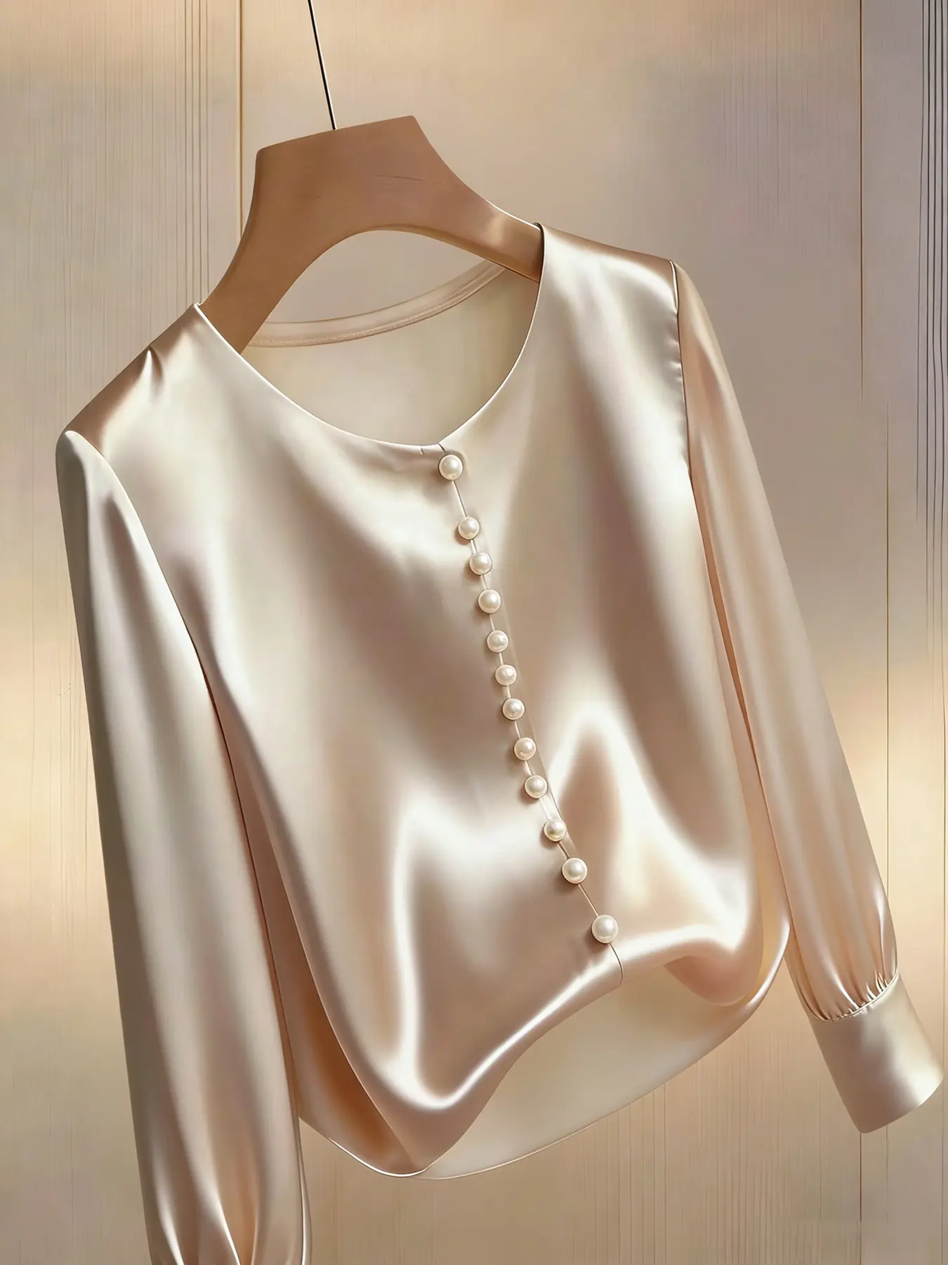 A women's casual fashion apricot round-neck long-sleeved pearl-buttoned commuter top, suitable for all seasons, ideal for home, indoor, and outdoor wear