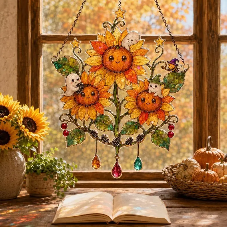 Halloween Sunflower Suncatcher, Cute Ghost Pumpkin Acrylic Window Hanging, Faux Stained Glass Fall Decor, Autumn Gift