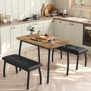 3 Piece Dining Table Set for 4 with 2 Upholstered Benches  Space Saving Wooden Kitchen Table  for Small Dining Room  Apartment  Home  Retro Brown