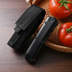 The handle features a full black one-piece design, with a sharp blade that holds its edge well, making it suitable as a household fruit knife, box cutter, and camping knife.