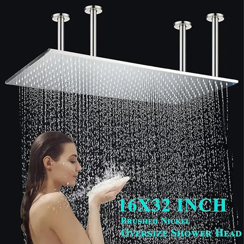 ATSHOWER 16"x32" Luxury High-Pressure Rain Shower Head - Ceiling-Mount Rectangle Filtered Showerheads with Silicone Nozzles for Modern Bathrooms (Brushed Nickel, Matte Black, Brushed Gold Finishes), Shower Heads, Filtered Shower Heads