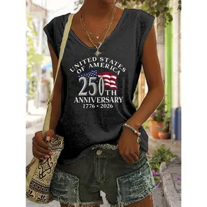 Casual Vneck Sleeveless White Tshirt with American Flag 250th Anniversary Print, Perfect for Home, Outdoors, or Gifting| Ideal for Valentine's Day, and More