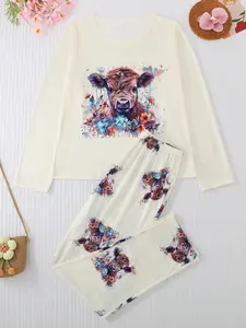 Women's 2-Piece Matching Pajama Set, Casual Round Neck Long Sleeve Top & Elastic Pants, Cartoon Print, All-Season Comfortable Sleepwear Loungewear