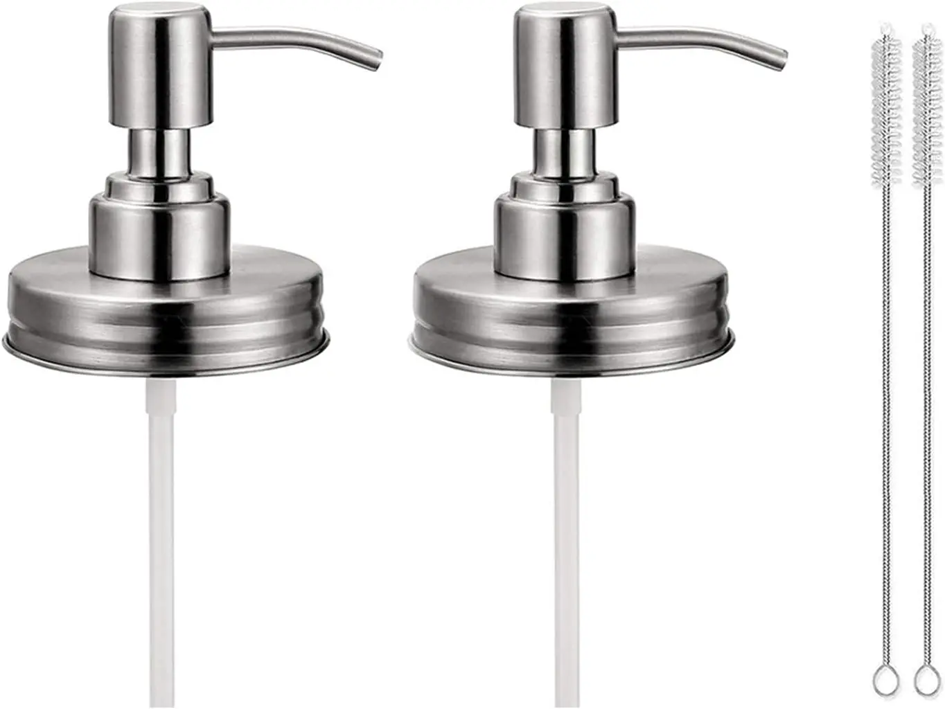 2 Pack Mason Jar Soap Dispenser Lids with Pumps, Rustproof Stainless Steel Lotion Dispenser Lids Replacement for 16 oz Regular Mouth Mason Jar Decor, 2 Brushes Included Silver