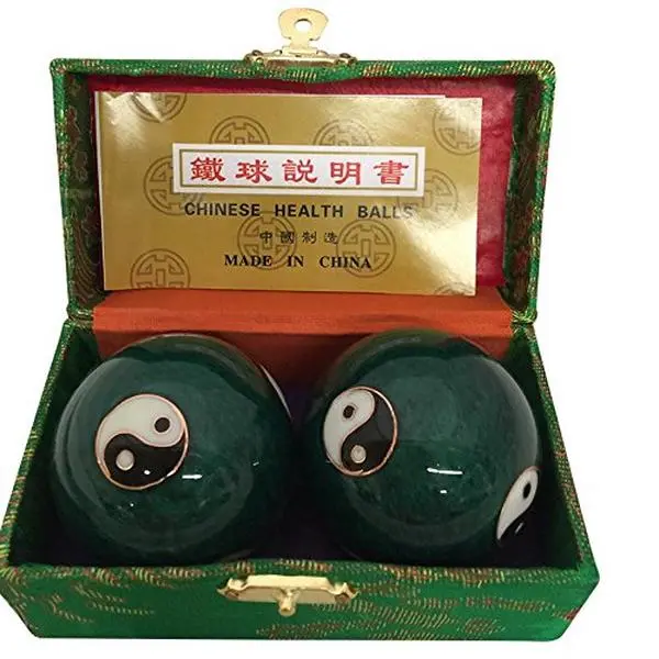 Baoding Balls Set of 2 - 2 Inch Metal Hand Massage Tools with Crisp Tones for Stress Relief & Body Care, Green Cloisonne Yinyang Design for Adults, Relaxation Aid, Silk
