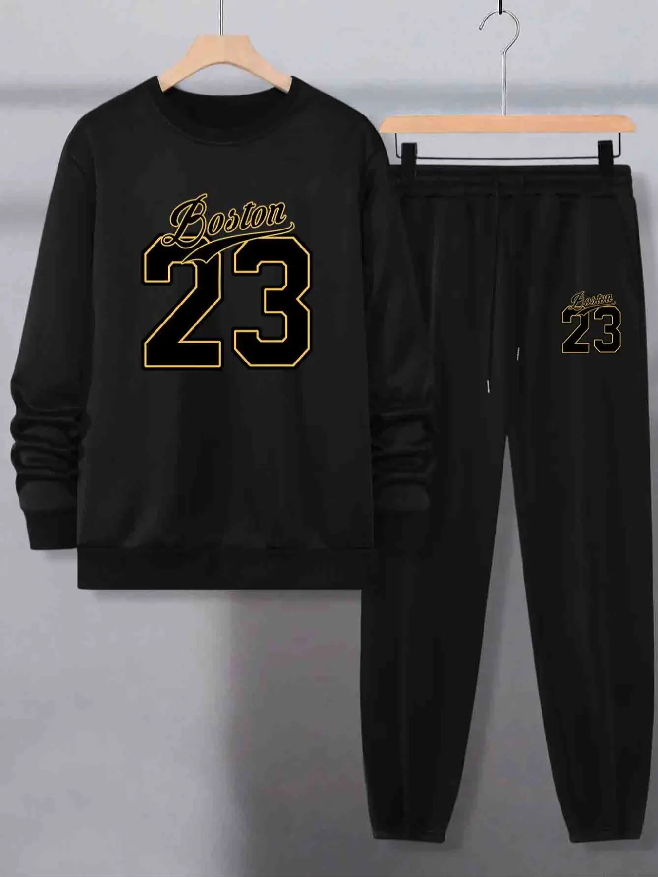Men's crew neck sweatshirt set, decorated with the number 23 and letter patterns, casual autumn/winter style, Loose, regular two-piece set, Pants