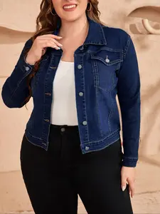 【Plus Size】 Denim Jacket, Casual Fitted Button Front Long Sleeve Outerwear for Women, Women's Plus Clothing for All Seasons, Coats