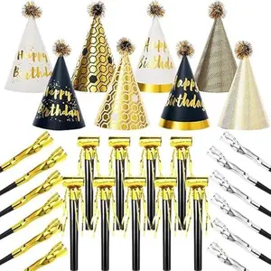 30PCS Gold Birthday Party Hats Decoration Set Includes 8 Birthday Paper Hats, 6 Gold Party Horns, 6 Silver Party Horns, 10 Long Gold Birthday Whistles