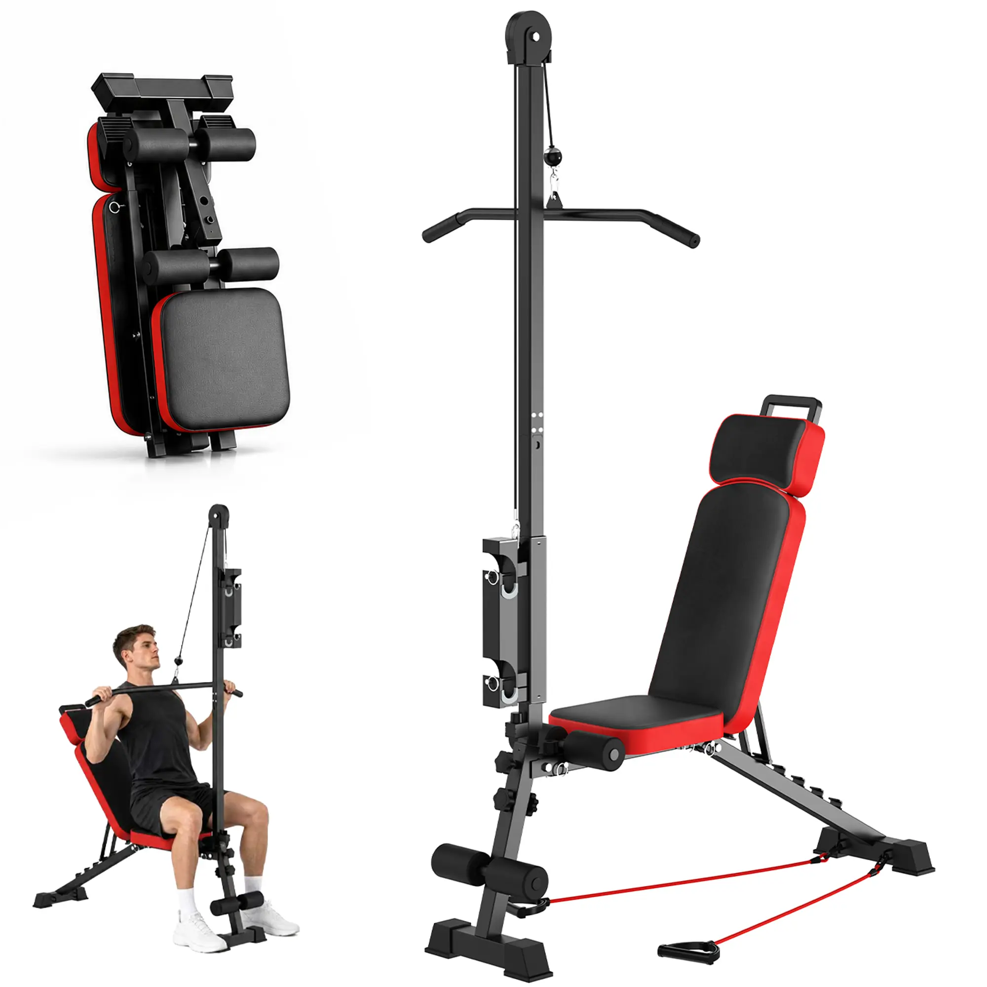 12-in-1 Multi-Function Foldable Weight Bench, 660LBS Load Capacity with Lat Pulldown System, Resistance Cords, Adjustable Backrest & Headrest for Full-Body Strength Training in Apartment, Garage