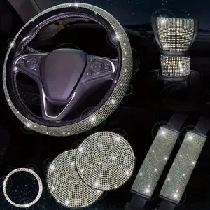 7-piece set of luxury car interior decorative accessories, including diamond steering wheel cover, shiny crystal seat belt and shift cover, and cup holder Boujee Car Accessories.