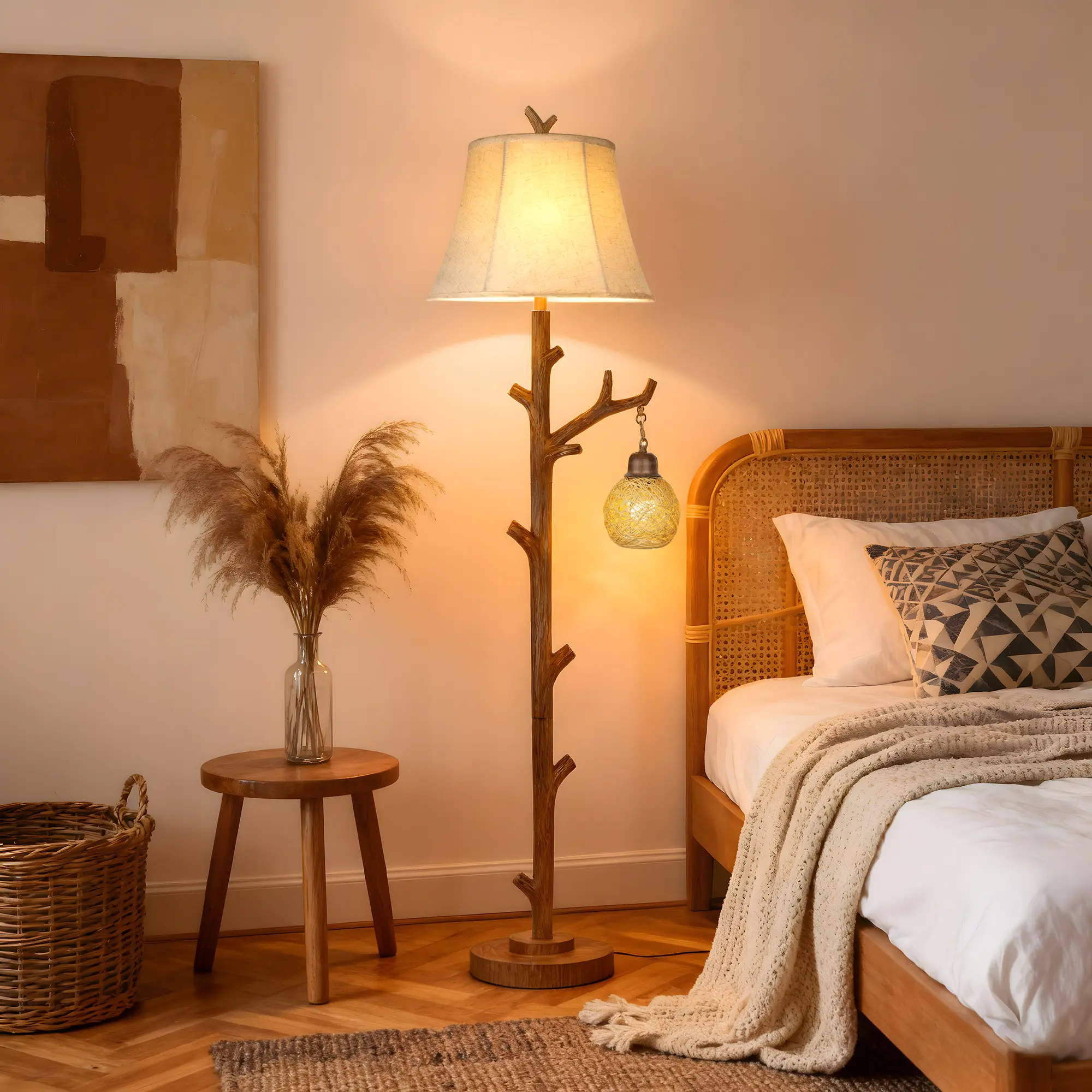 62" Rustic Farmhouse Tree Trunk Floor Lamp with woven night light,4-Way Rotary Switch for Living Room Bedroom Study,2 Bulbs Included