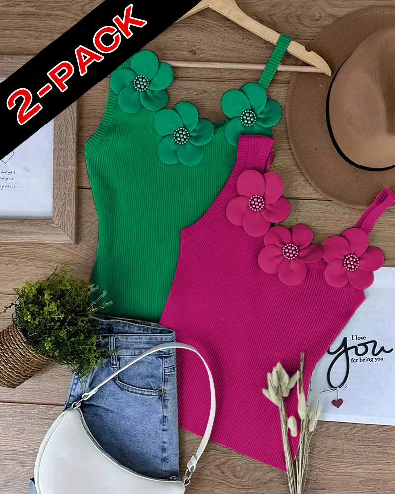 CHICME 2 Piece Women's Solid 3D Flower Tank Top Asymmetrical Neck Sleeveless Casual Ribbed Knit Camisole