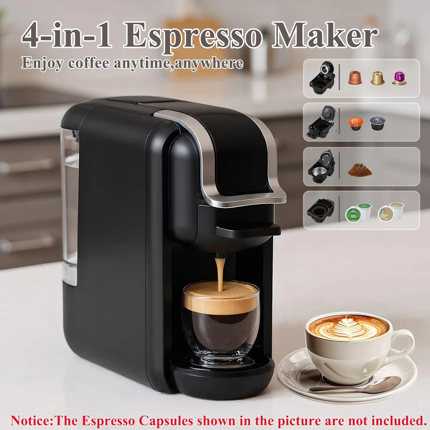 4-in-1 Compact Italian Coffee Machine for Home, RV Use - 35s Preheating, 600ml Water Tank, Fast Brewing, Self-Cleaning, Makes Latte, Espresso, Iced Coffee
