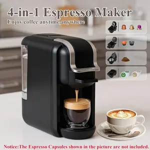 4-in-1 Compact Italian Coffee Machine for Home, RV Use - 35s Preheating, 600ml Water Tank, Fast Brewing, Self-Cleaning, Makes Latte, Espresso, Iced Coffee