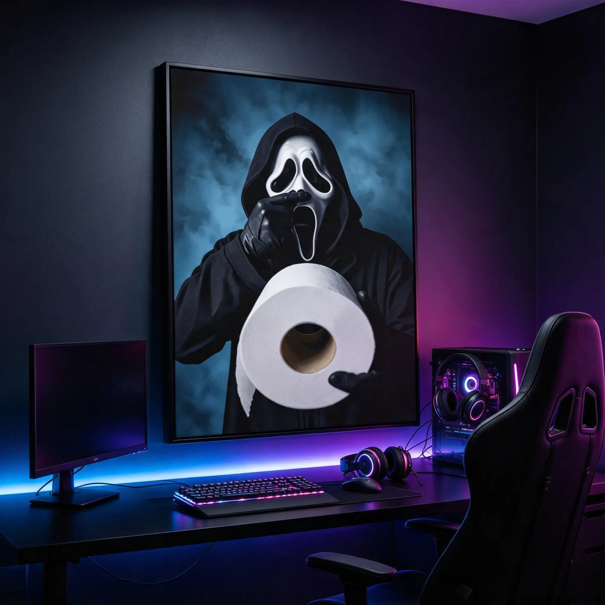 Funny Ghostface Holding Toilet Paper Framed Canvas Print, Scream Horror Movie Ghost Mask Poster, Spooky Gothic Decoration, Room Decor for Bathroom & Bedroom