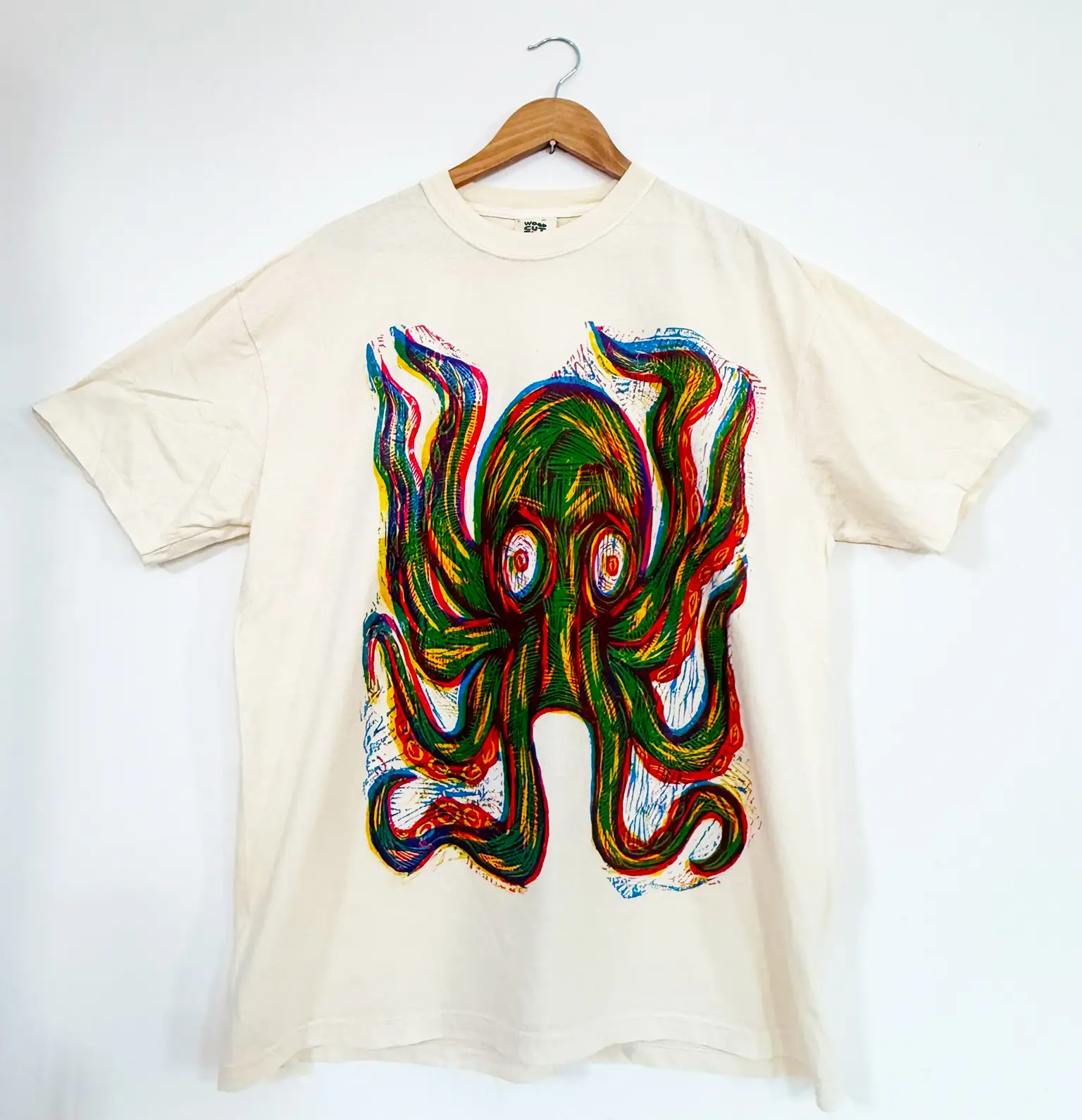 Men's Cotton Shortleeve T-Shirt - Green Octopus Hand Printed Woodcut Graphics, Ink-Into-Fabric Oil-Based Ink Stays Vivid, Grunge Streetwear Casual Clothing, Long Sheer Multicolor Menswear Top, Grunge Clothes