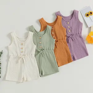 Newborn Toddler Baby Kids Girl Sleeveless Ribbed Romper 6 12 18 24 Months 2T 3T 4T Solid Color Summer Jumpsuit Overall Shorts Clothes