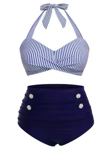 RETRO STAGE Plus Size Women's 1940s Blue Striped Halter Bikinis Set - High Waist Swimwear, Spandex Bathing Suit Women Set with Bowknot & Rhinestone Accents