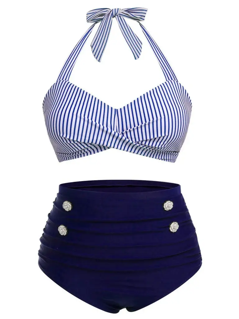 RETRO STAGE Bikini Set for Plus Size Women, 1940s Style Striped Halter Top with High Waist Bottoms, Figure-Flattering Swimwear with Bowknot & Rhinestones, Swimsuit Set, Halter Bikinis Set