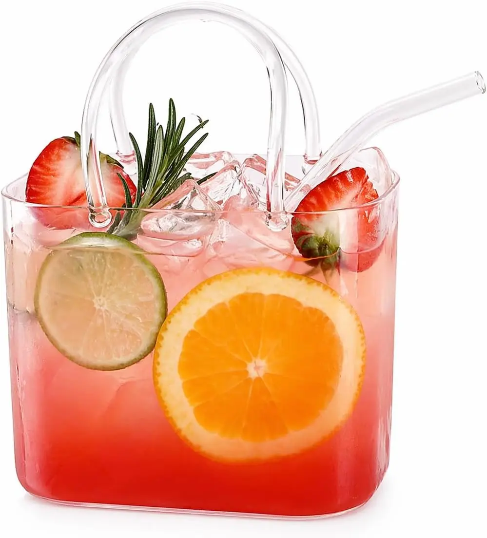 Clear Glass Drink Holder with Straw and Handle, Kitchen Drinkware for Party Decor, Beverage Serving