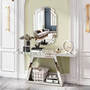 55.9" Modern Luxe Full-Body Mirror Console Table with Trapezoid Base - 360° Reflective, Sturdy Wooden Frame, Scratch-Resistant Design, Open Storage for Hallway, Living Room