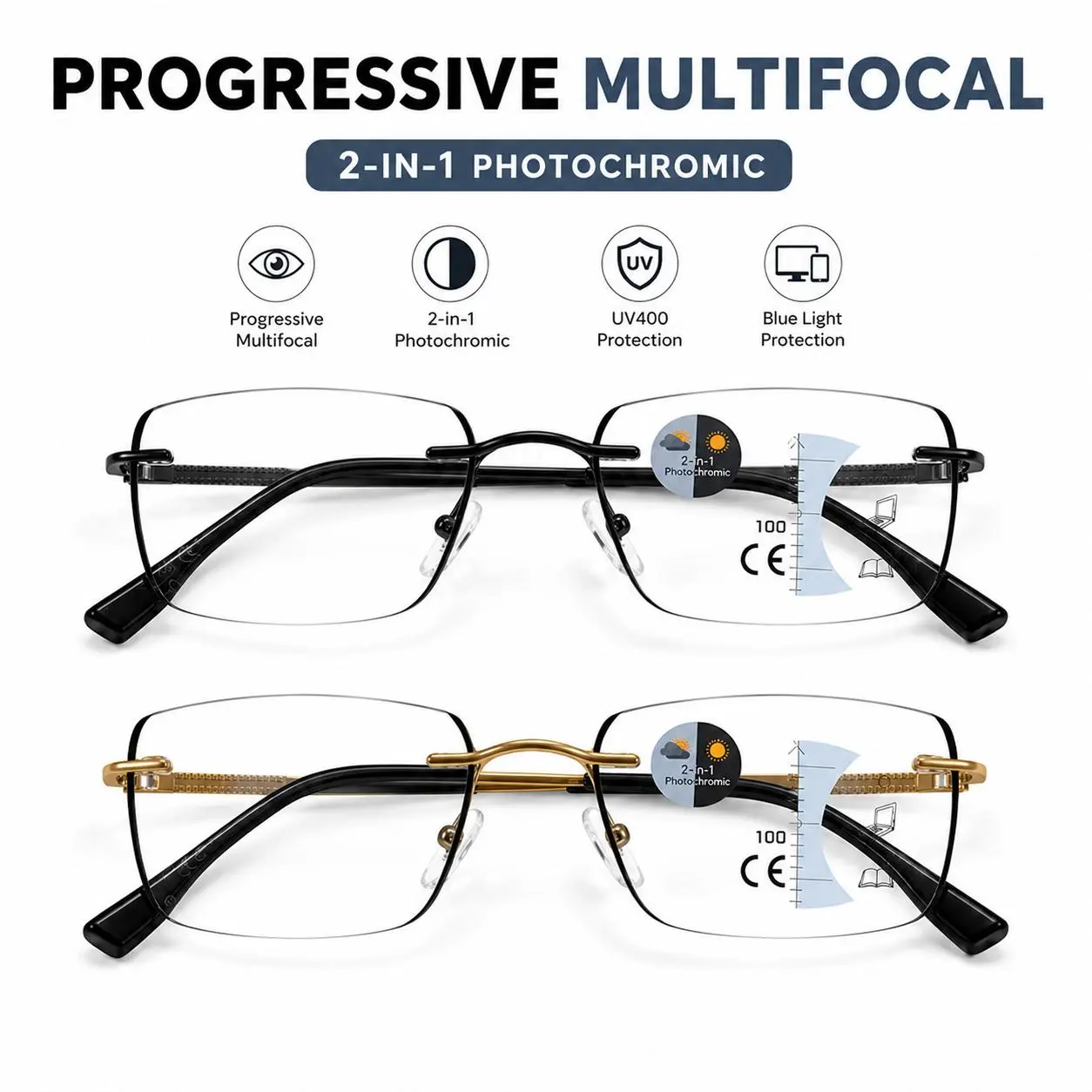 Progressive Multifocal Photochromic Reading Glasses for Men Women, Light Adaptive Blue Light Blocking Readers, HD Near Mid Far Vision Eyewear for Indoor Outdoor Use