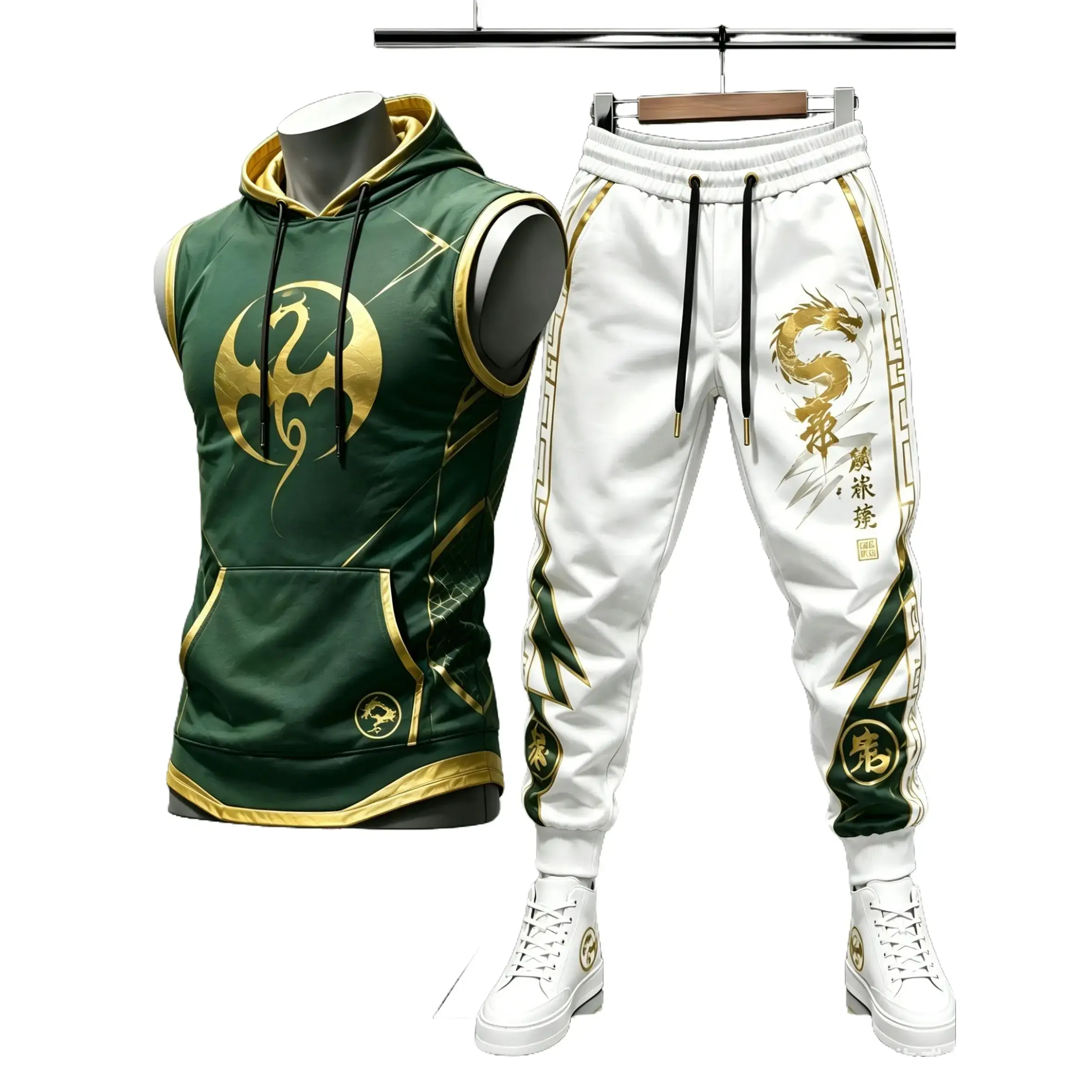 Men's 2-Piece Chinese Golden Dragon Tracksuit - Sleeveless Hoodie & Jogging Pants, Summer Chinese Street Style Fitness Sportswear Set for Loungewear Occasions, Hoodie Tracksuit men 2 piece sets Fashion Menswear Casual Clothes Sporty