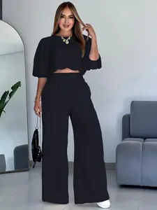 French Style Loungewear Set, Womenswear, Loose-Fit Short Top & High-Waist Flowy Pants, Fashionable Casual Office Two-Piece Outfit